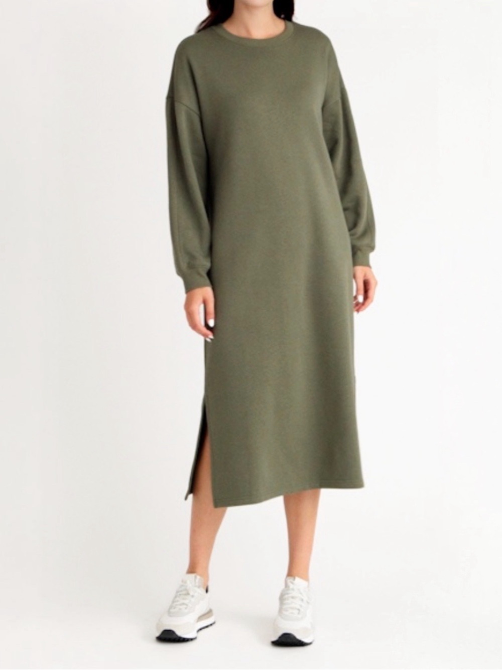 Treasure & Bond Olive Green Long Sleeve Midi Sweatshirt Dress Size L Shirt Dress